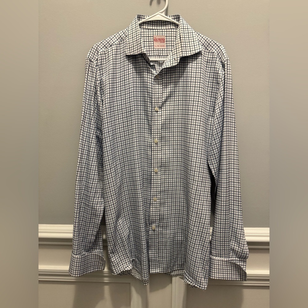 Raymond Shop White and Blue Grid Dress Shirt